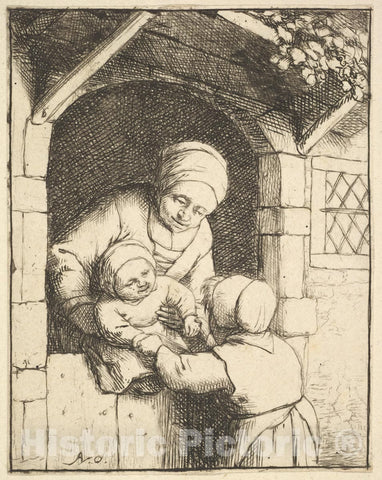 Art Print : Adriaen Van Ostade - Little Girl Playing with a Baby in its Mother's Arms : Vintage Wall Art