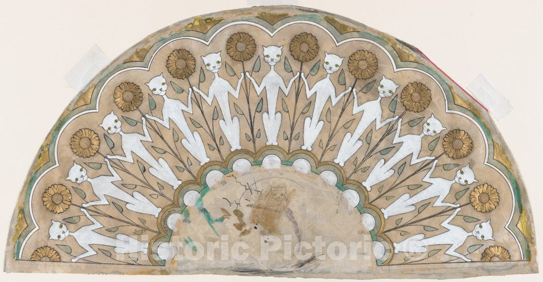 Art Print : Henri-Charles Guérard - Fan Design with Cats and Sunflowers : Vintage Wall Art