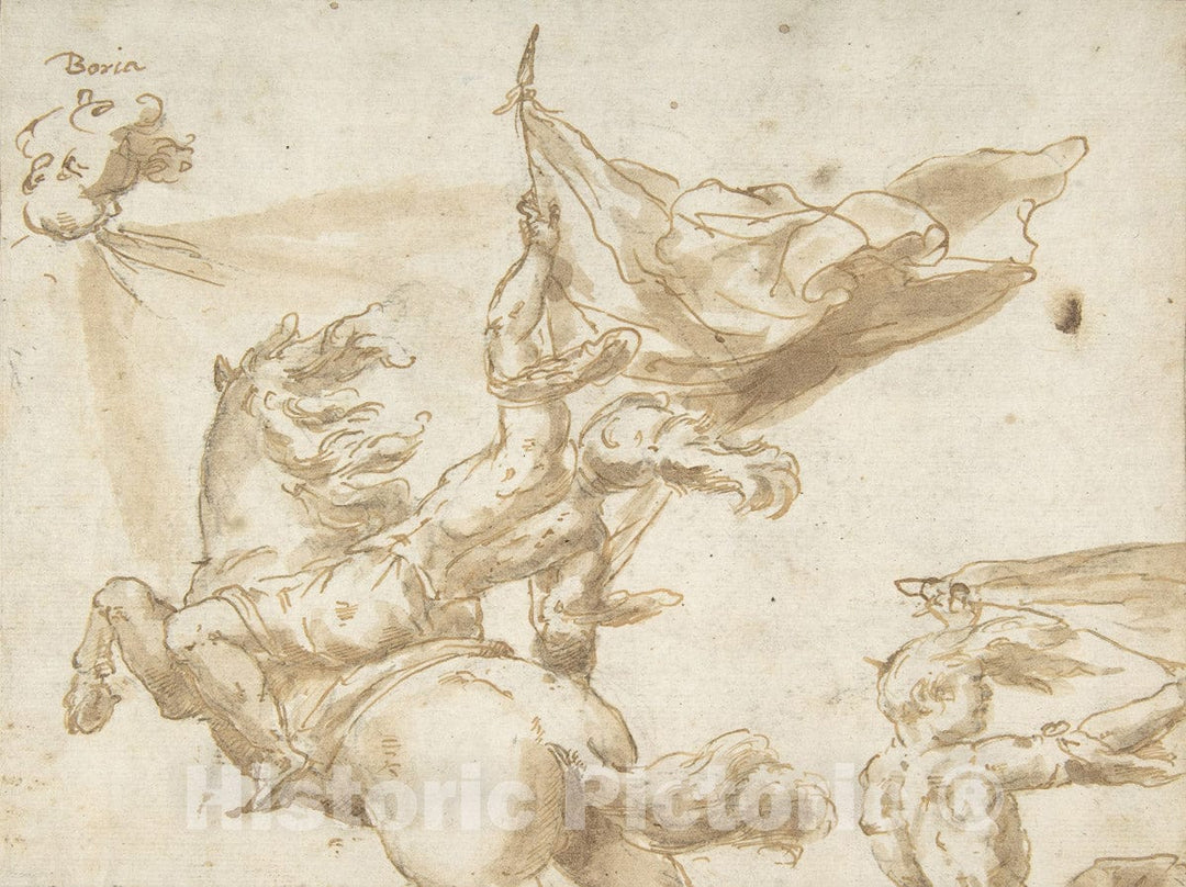 Art Print : Spanish, School of Seville, 17th Century - Figure of a Soldier on Horseback Holding a Flag : Vintage Wall Art