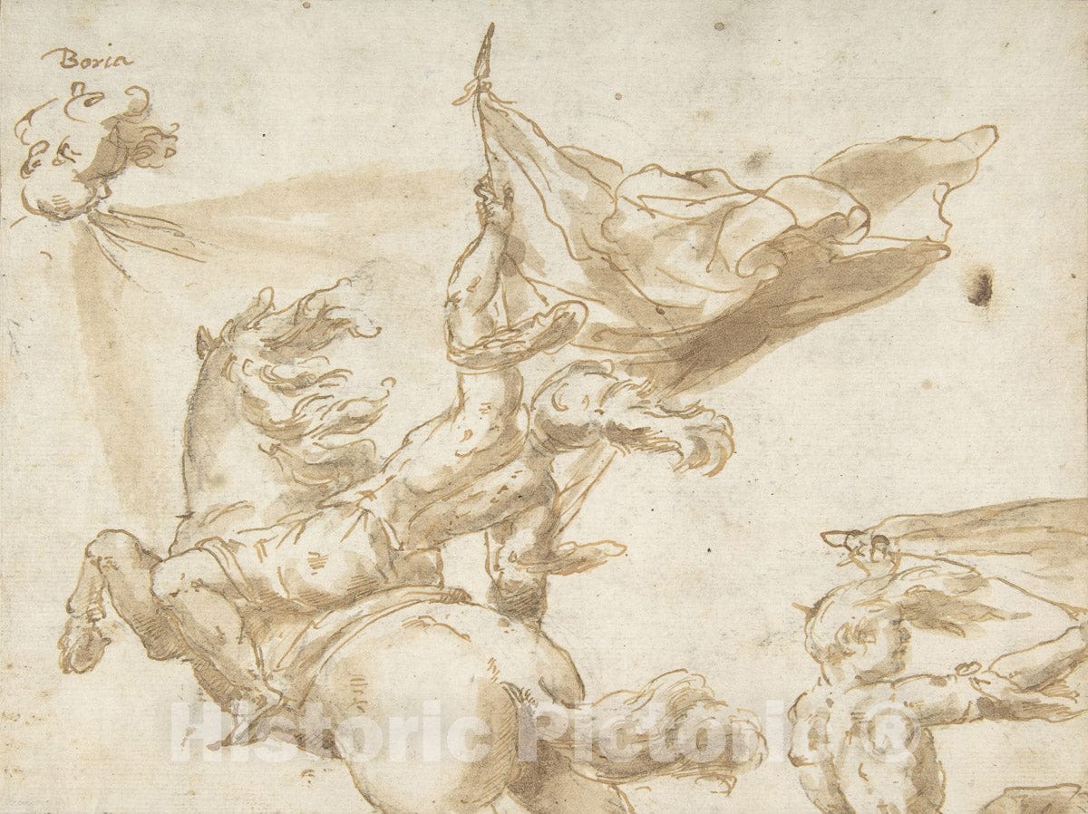 Art Print : Spanish, School of Seville, 17th Century - Figure of a Soldier on Horseback Holding a Flag : Vintage Wall Art