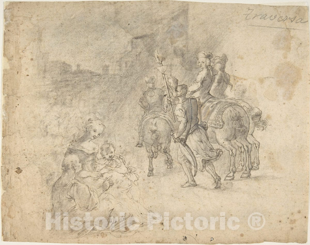 Art Print : Military Cavaliers Entering Town Accompanied by a Turbaned Torch-Bearer. in The Foreground - Artist: Corrado Giaquinto - Created: 1703–66 : Vintage Wall Art