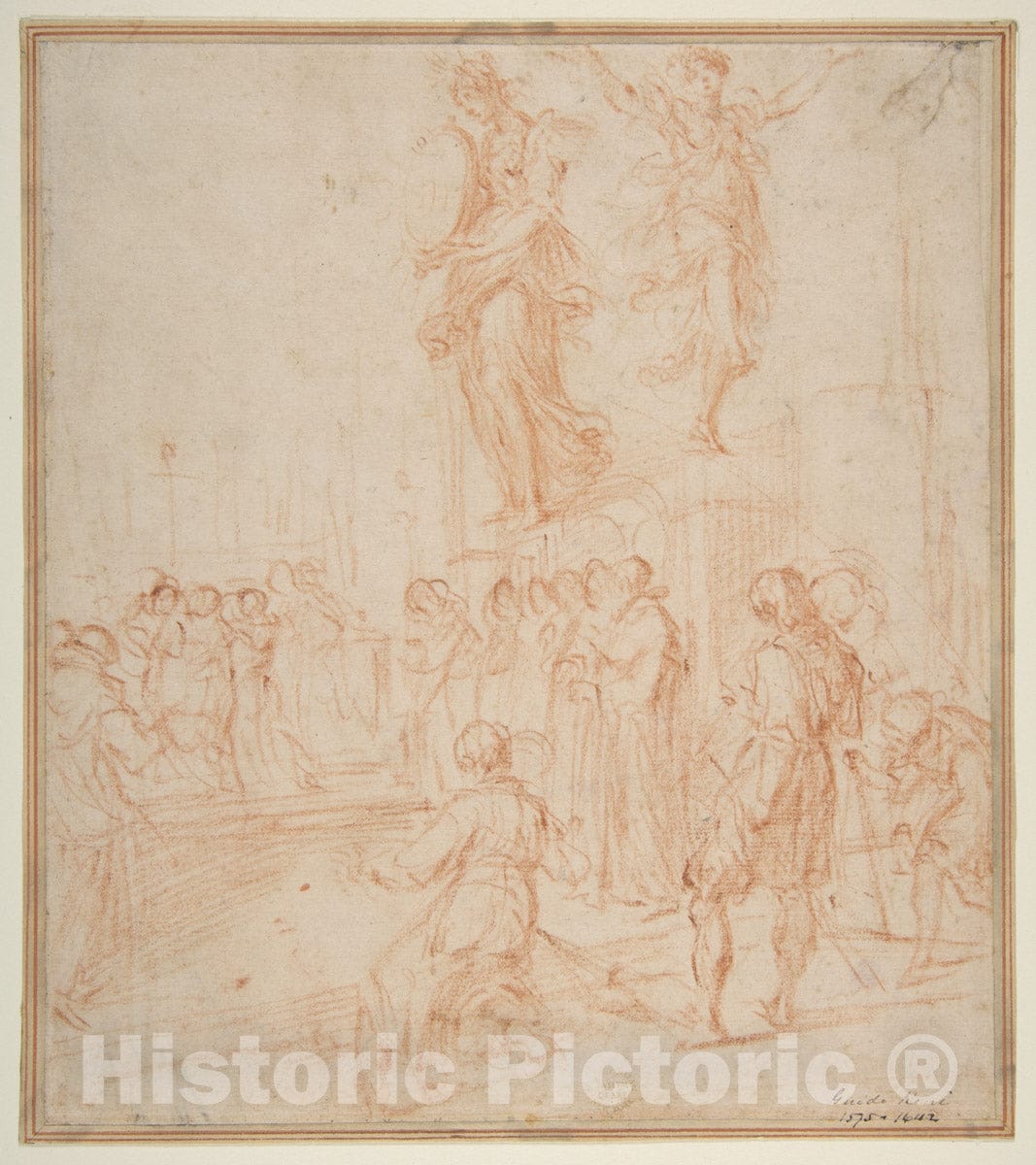 Art Print : Figure Studies: Woman Holding a Shield, a Dancing Female, and a Priest Supported at an Altar Before a Group of Onlookers - Artist: Poccetti - 1612 : Vintage Wall Art