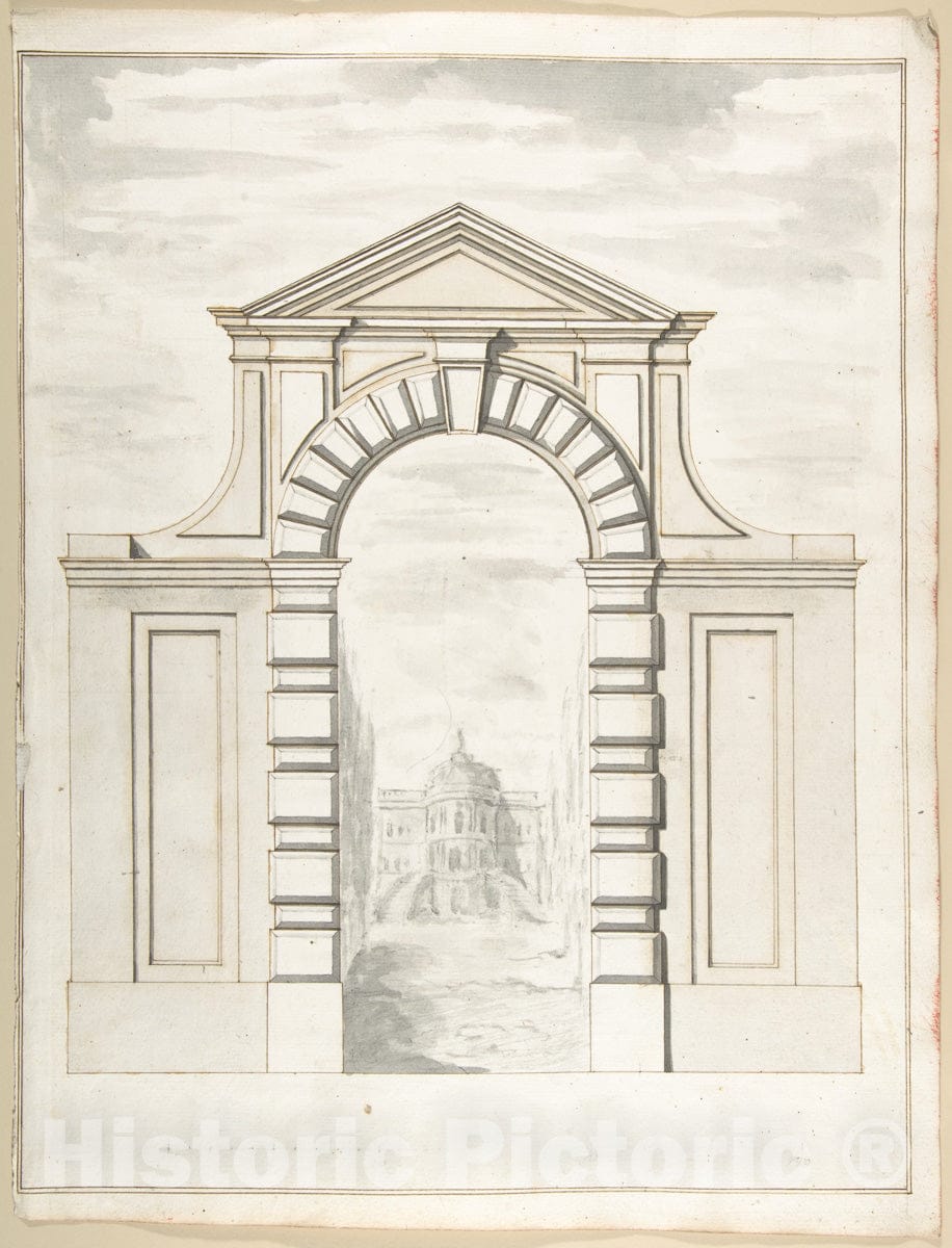 Art Print : Pietro Paolo Coccetti (Cocchetti) - Elevation of a Garden Gate Showing a Palazzo or Villa in The Distance : Vintage Wall Art