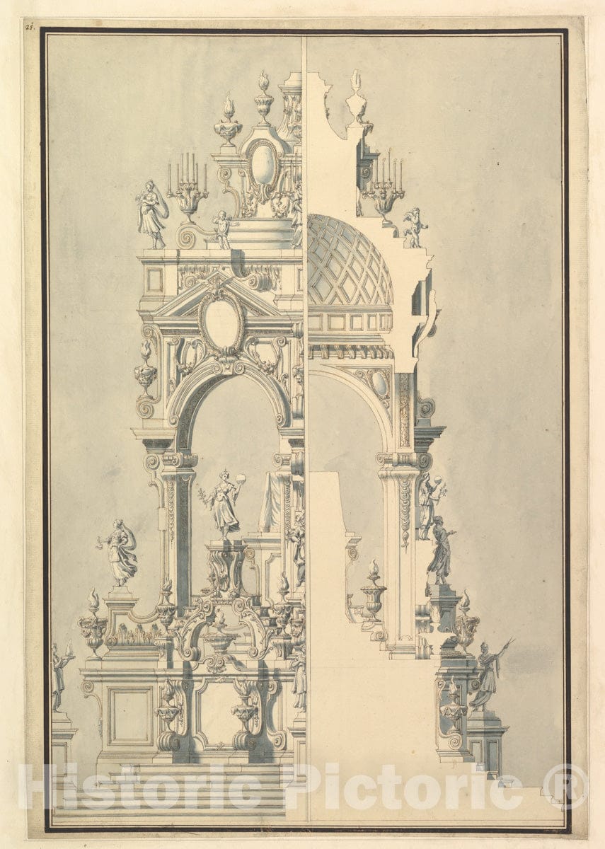 Art Print : Workshop of Giuseppe Galli Bibiena - Half Elevation and Half Section of Catafalque for a Duchess of Hanover, Probably Sophia (1630-1714) : Vintage Wall Art