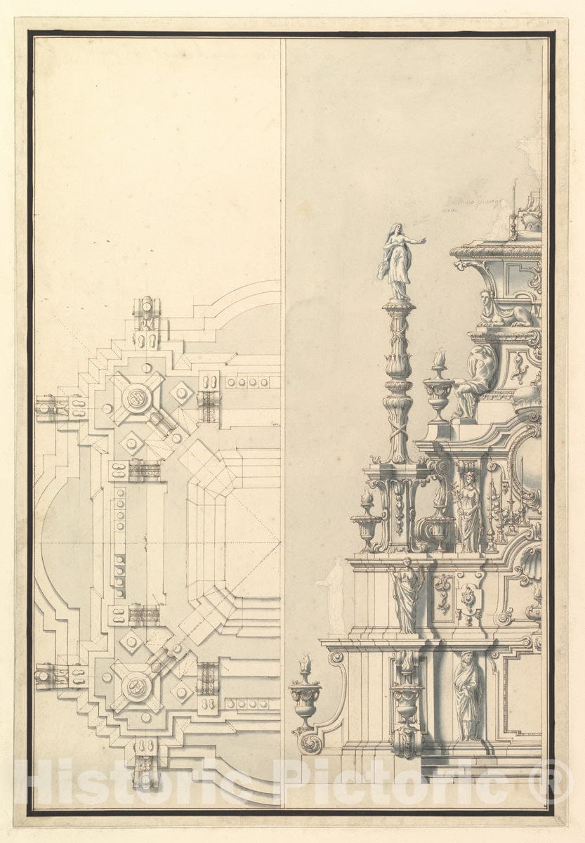 Art Print : Half Elevation and Half Plan for a Catafalque for Maximilian, Elector of Bavaria, Probably Maximilian II Emanuel (1662-1726)" - Artist: Bibiena - : Vintage Wall Art