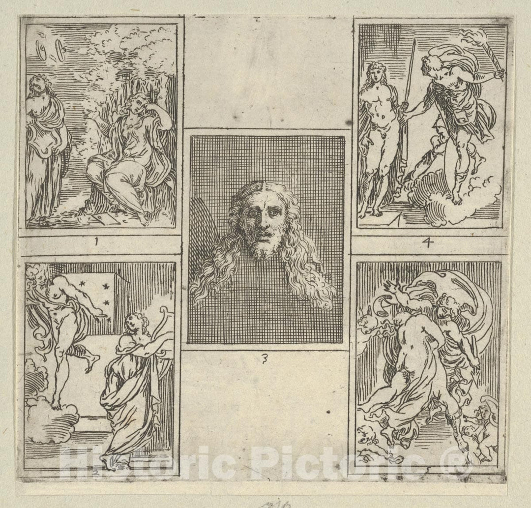 Art Print : Five Numbered Scenes from IL FUNERALE D'AGOSTINO CARRACCIO FATTO in Bologna SUA Patria DAGL'INCAMINATI - Artist: Guido Reni - Created: 1603 : Vintage Wall Art