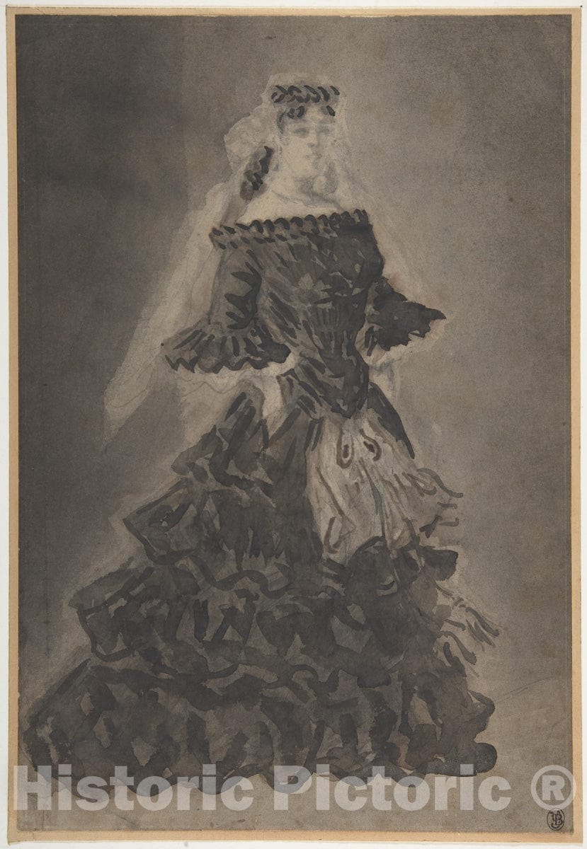 Art Print : Constantin Guys - A Lady with a Veil : Vintage Wall Art