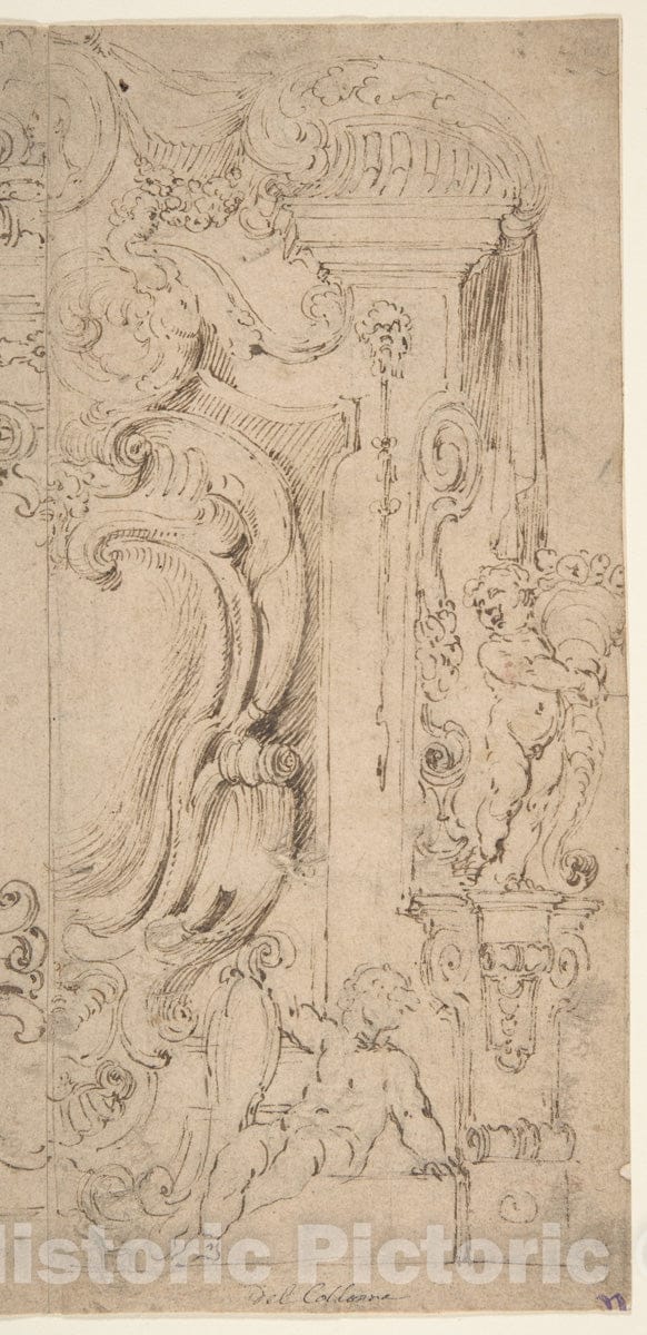 Art Print : Michelangelo Colonna - Right and Part of The Left Half of a Design for a Cartouche : Vintage Wall Art