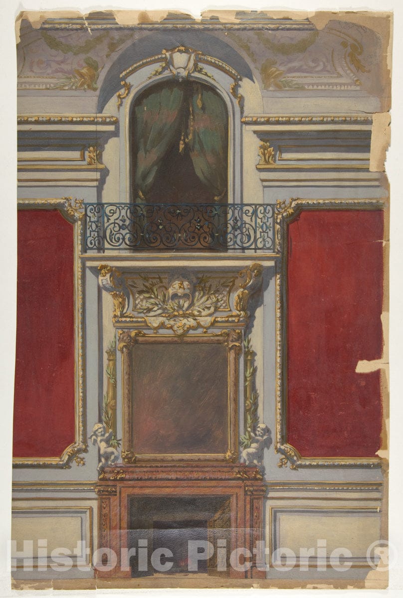 Art Print : Jules-Edmond-Charles Lachaise - Elevation of an Interior with a chimneypiece surmounted by a Mirror and a Second Floor Balcony : Vintage Wall Art