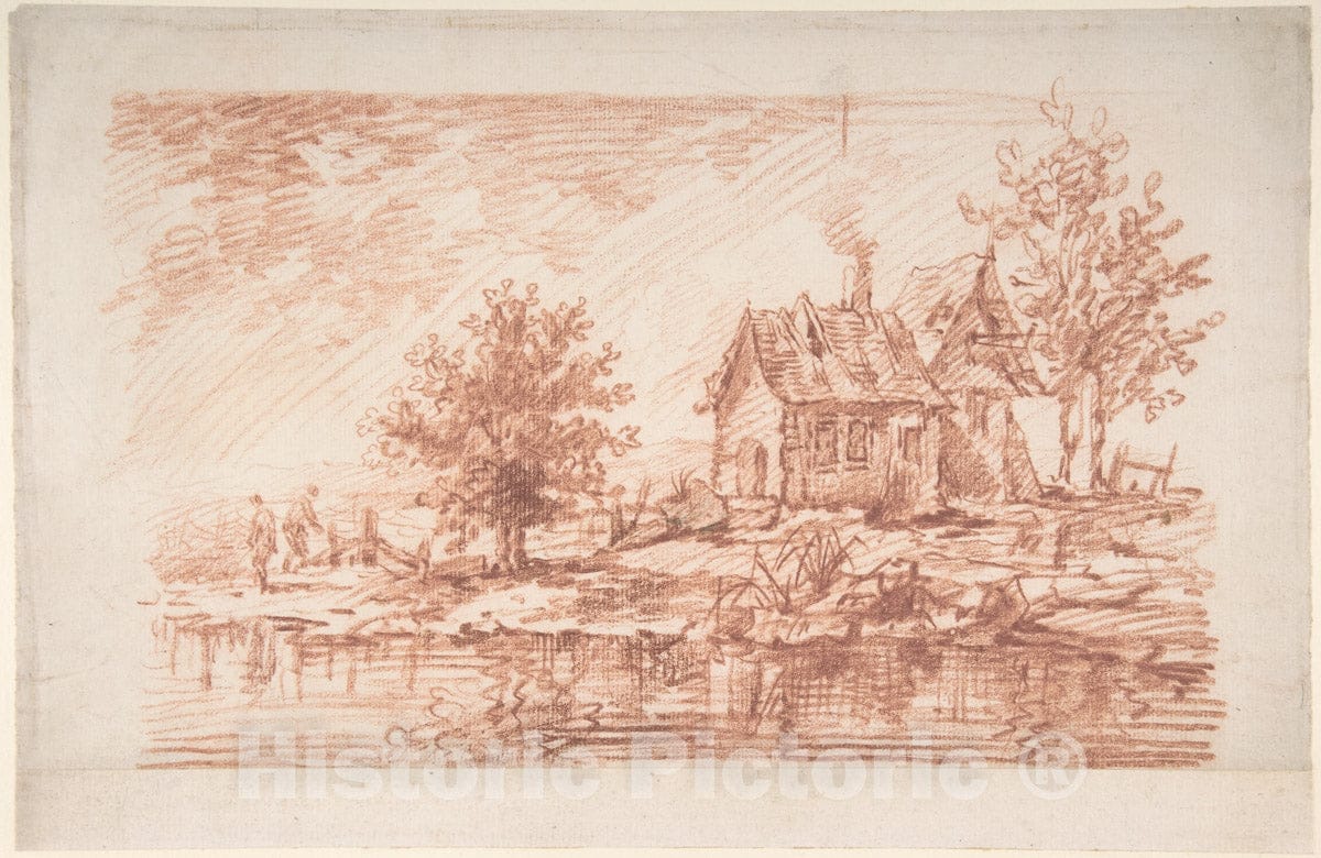 Art Print : Antoine Watteau - Farm House Along a River, Two Figures at Left : Vintage Wall Art