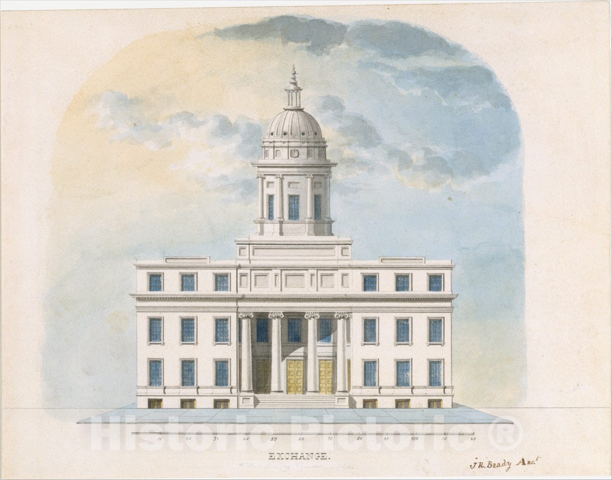 Art Print : Alexander Jackson Davis - First Merchants' Exchange, New York (Elevation of Main façade) : Vintage Wall Art