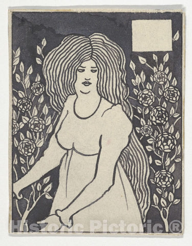 Art Print : Long-haired Woman in Front of Tall Rosebushes - Artist: Aubrey Vincent Beardsley - Created: 1894 : Vintage Wall Art