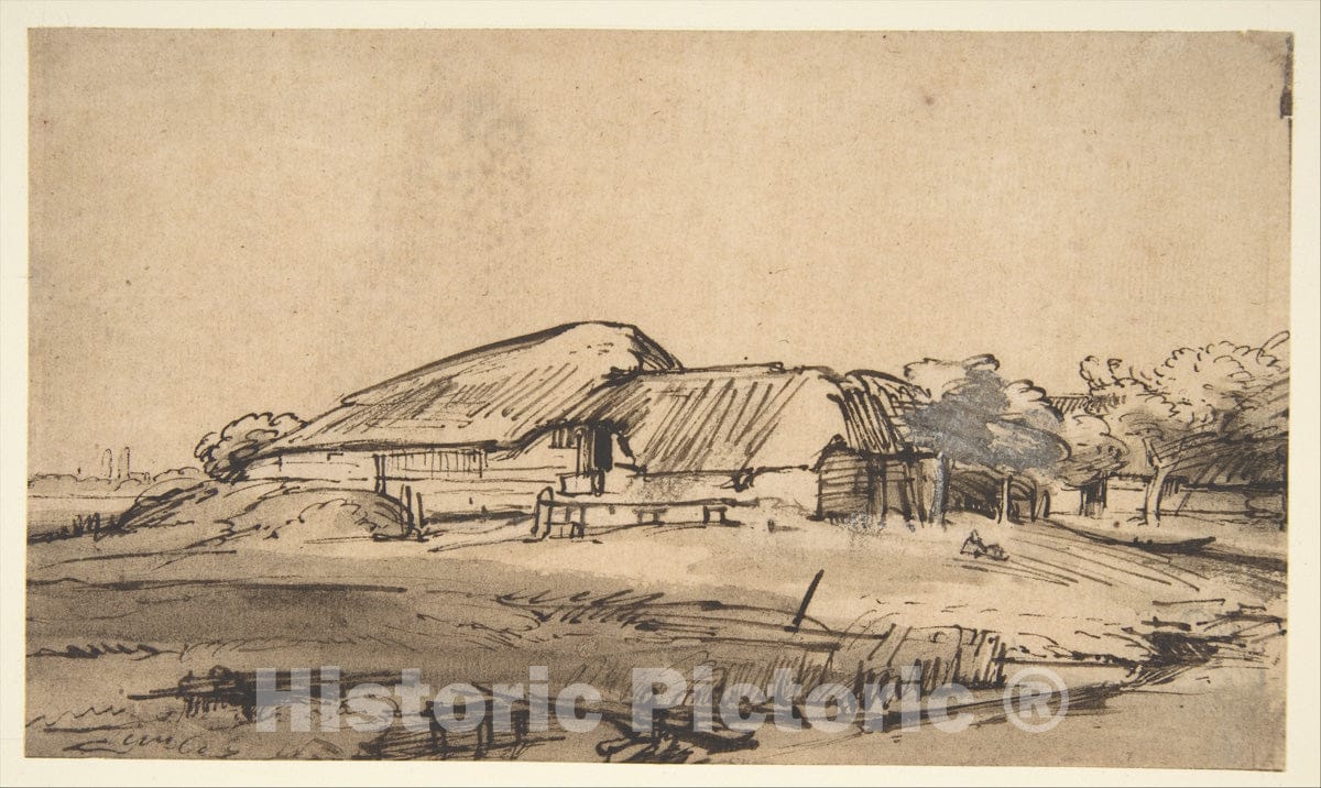 Art Print : Rembrandt (Rembrandt Van Rijn) - Group of Farm Buildings : Vintage Wall Art