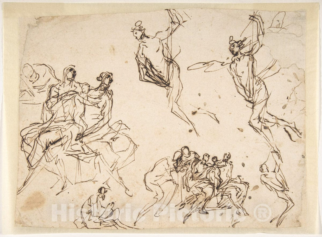 Art Print : Micco Spadaro (Domenico Gargiulo) - Studies of a Group of Seated Figures and of a Flying Figure : Vintage Wall Art