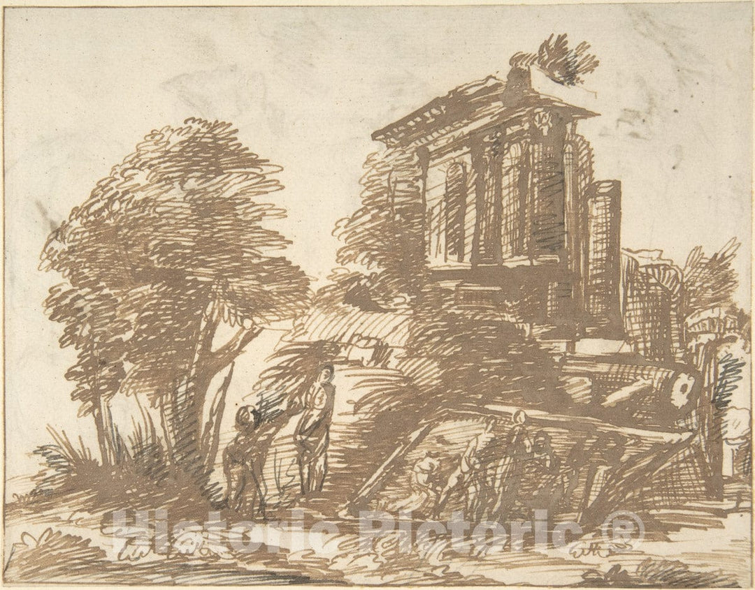 Art Print : Italian, Roman-Bolognese, 17th Century - Figures in a Landscape with Classical Ruins (Recto); Six Figure Studies (Verso) : Vintage Wall Art