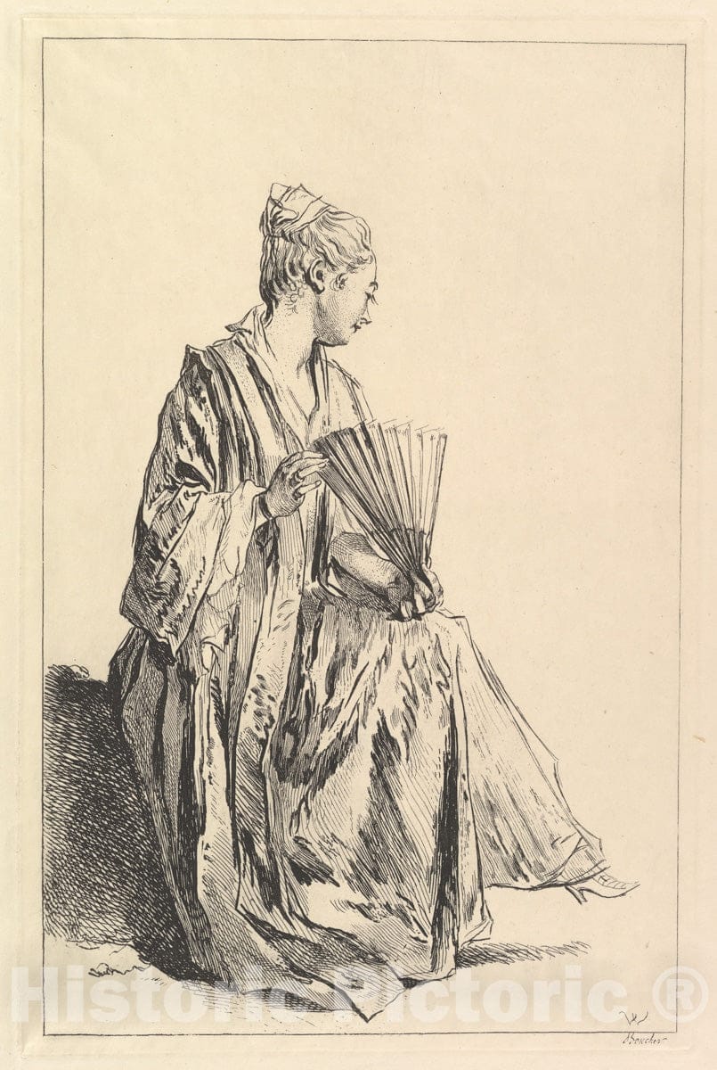 Art Print : François Boucher - Femme assise, de profil à Droite, jouant de l'eventail : Vintage Wall Art