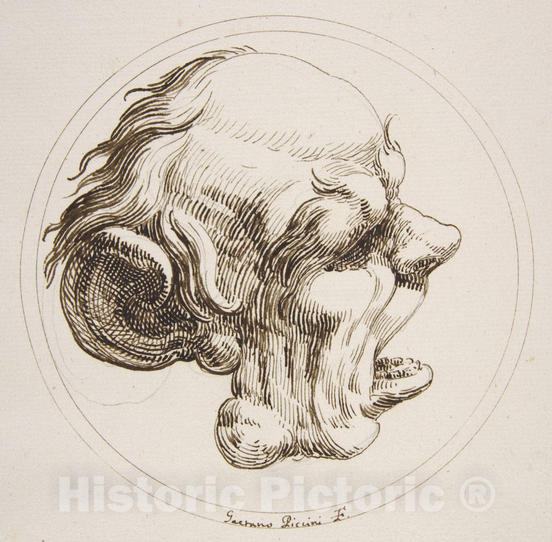 Art Print : Gaetano Piccini - Grotesque Head with a Large Ear and an Open Mouth Looking to The Right Within a Circle : Vintage Wall Art