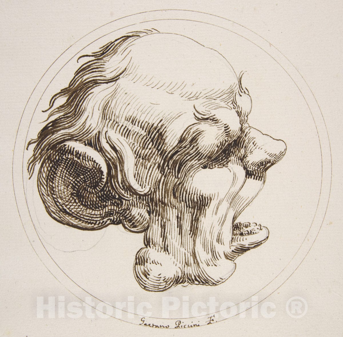 Art Print : Gaetano Piccini - Grotesque Head with a Large Ear and an Open Mouth Looking to The Right Within a Circle : Vintage Wall Art