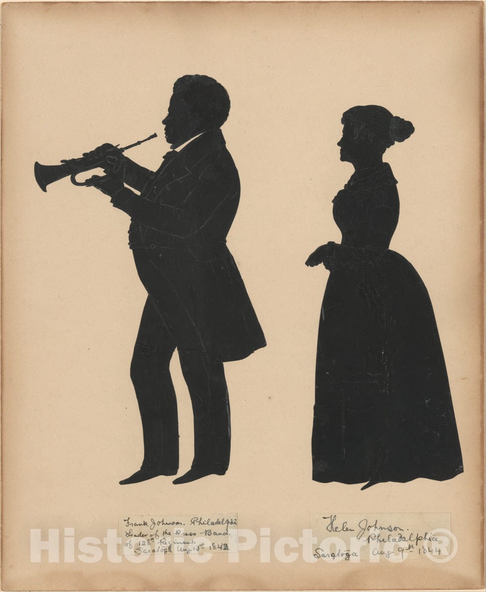 Art Print : Auguste Edouart - Frank Johnson, Leader of The Brass Band of The 128th Regiment in Saratoga, with his Wife, Helen : Vintage Wall Art