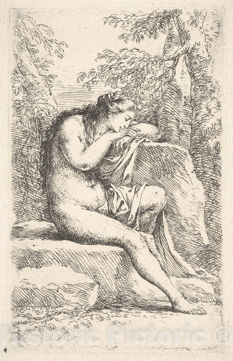Art Print : Salvator Rosa - A semi-Nude Woman Seated Resting her Head on a Rock, from The Series 'Figurine' : Vintage Wall Art