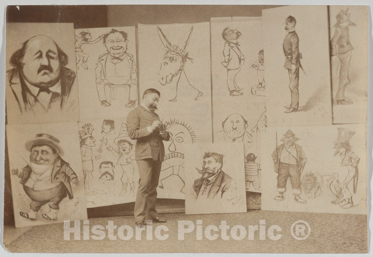 Art Print : Thomas Nast - Full-Length Portrait of Thomas Nast with a Group of Caricatures : Vintage Wall Art