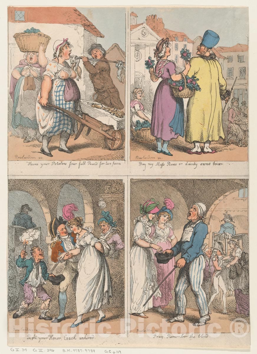 Art Print : Thomas Rowlandson - Four Scenes from Cries of London Series: Here's Your Potatoes