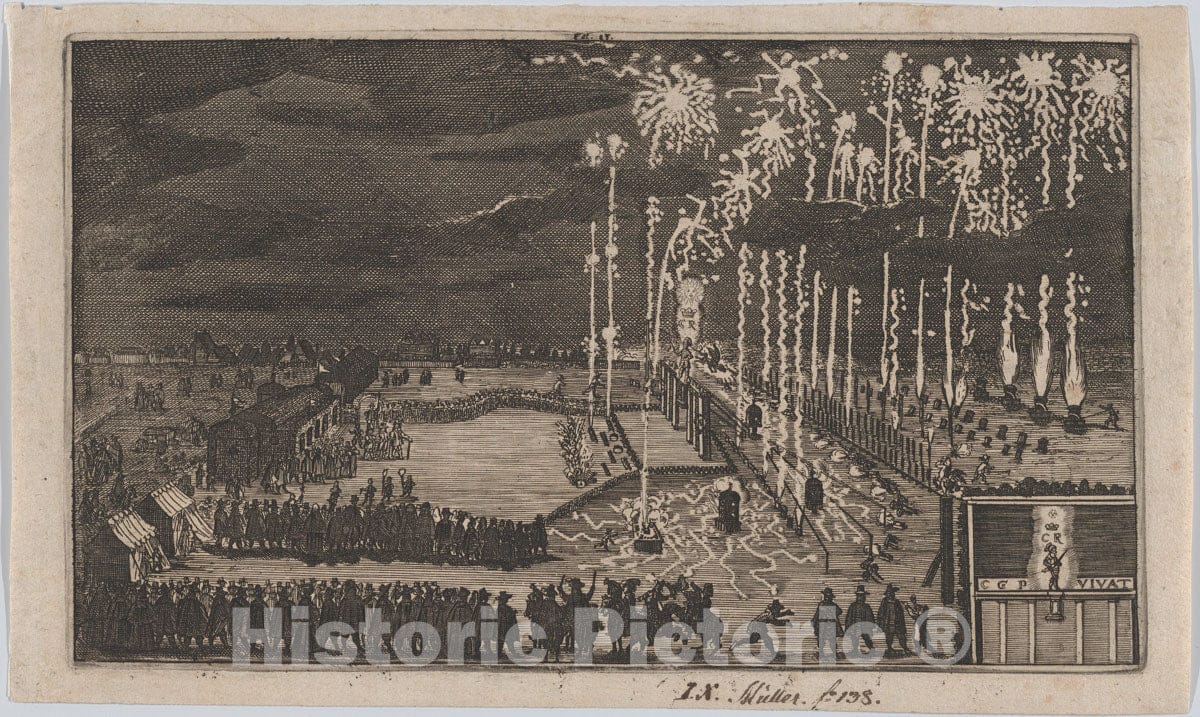 Art Print : Anonymous, German, 17th Century - Firework Display, Nuremberg 1649, Reduced Copy of 'Kurze Beschreibung dess kunstlichen Feuerwerkes .' : Vintage Wall Art