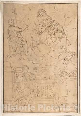 Art Print : Italian, Roman-Bolognese, 17th Century - Madonna and Child with Saint John The Baptist and Three Other Saints : Vintage Wall Art