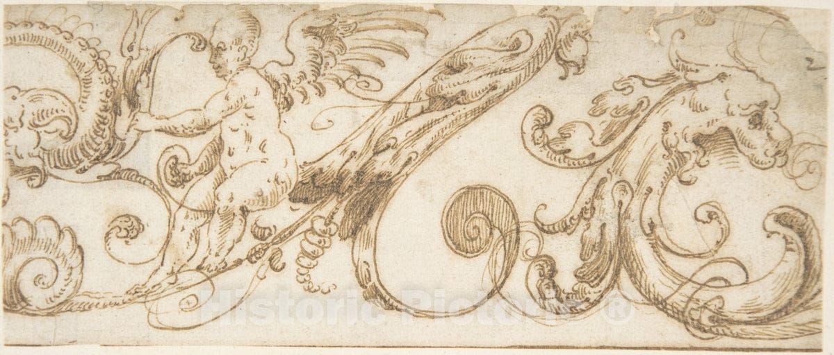 Art Print : Andrés de Melgar - Frieze Design with Acanthus Scrolls, Hybrid Creatures and a Winged Putto : Vintage Wall Art
