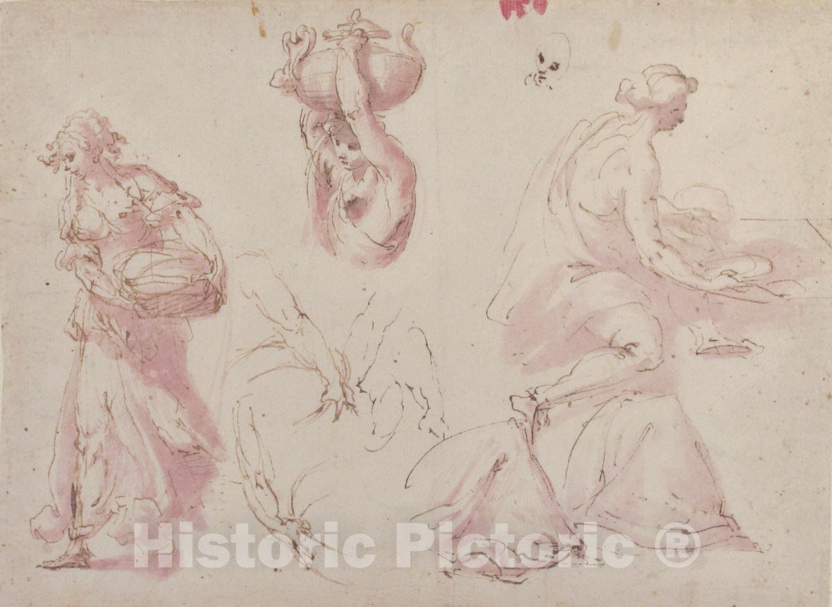 Art Print : Francesco Curia - Figure Studies: Woman Carrying a Basket; Woman Carrying a Vase, and Woman Seated at a Table : Vintage Wall Art
