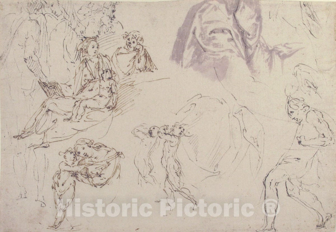 Art Print : Francesco Curia - Figure Studies: The Holy Family, a Running or Dancing Child, Drapery Studies : Vintage Wall Art