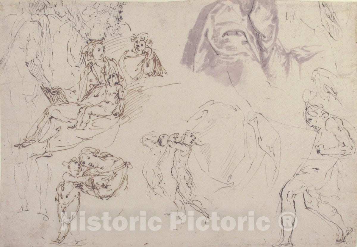 Art Print : Francesco Curia - Figure Studies: The Holy Family, a Running or Dancing Child, Drapery Studies : Vintage Wall Art