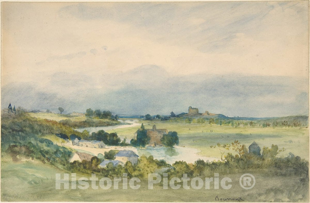 Art Print : Extensive Landscape Prospect with a Fortified Building on Hill in The Background - Artist: Antoine Chintreuil - Created: mid-19th Century : Vintage Wall Art