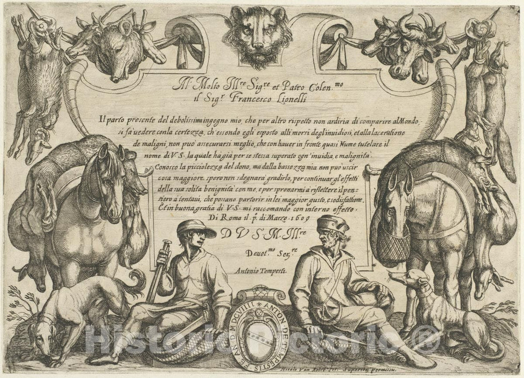 Art Print : Antonio Tempesta - Frontispiece with Hunters, Dogs and Horses, from 'Hunting Scenes VI' : Vintage Wall Art