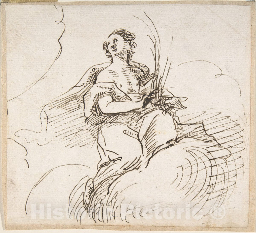 Art Print : Anonymous - Female Figure with Palm, Seated on Clouds : Vintage Wall Art