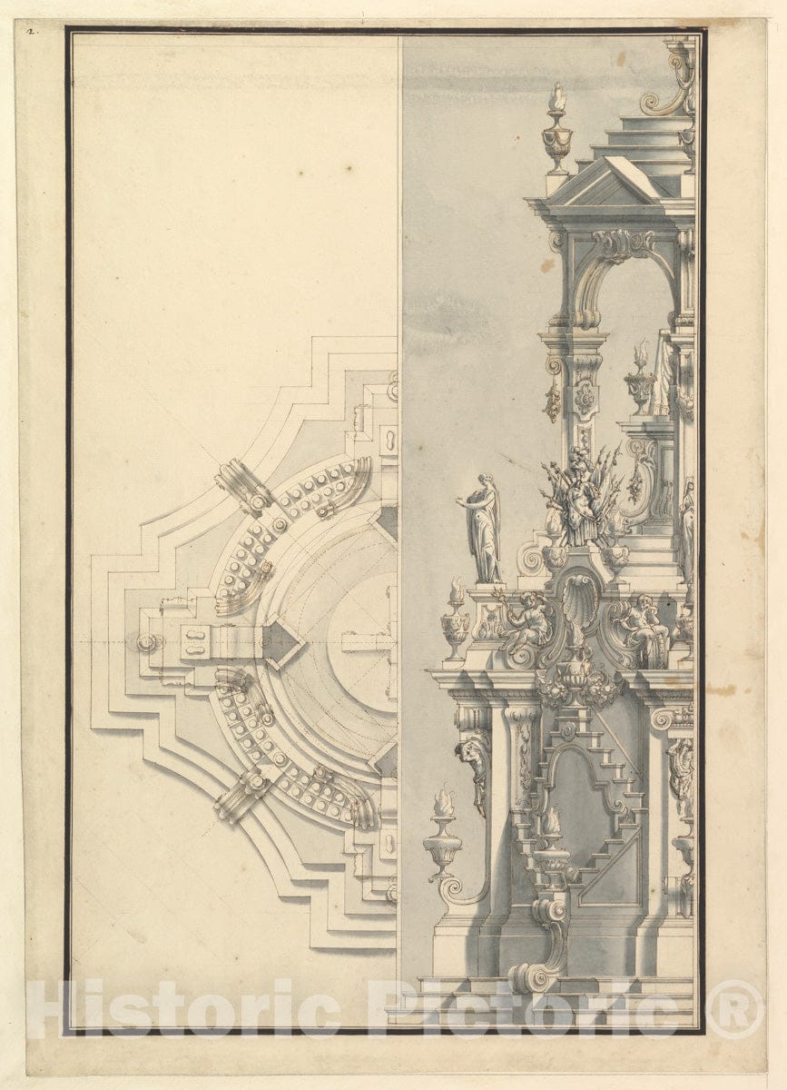 Art Print : Workshop of Giuseppe Galli Bibiena - Half Elevation and Half Ground Plan for a Catafalque for a Duke : Vintage Wall Art