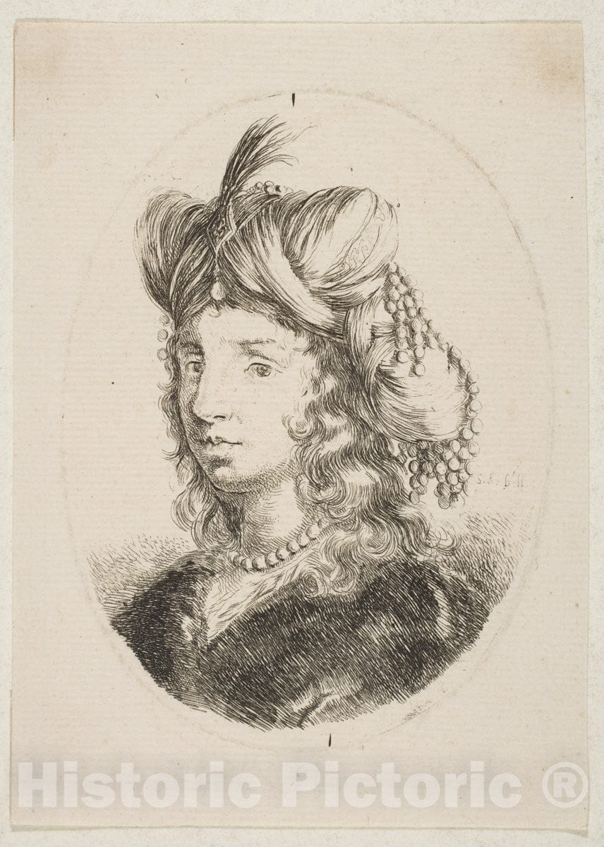 Art Print : Sultana Wearing a Pearl Necklace and a Turban - Artist: Stefano Della Bella - Created: 1649–50 : Vintage Wall Art