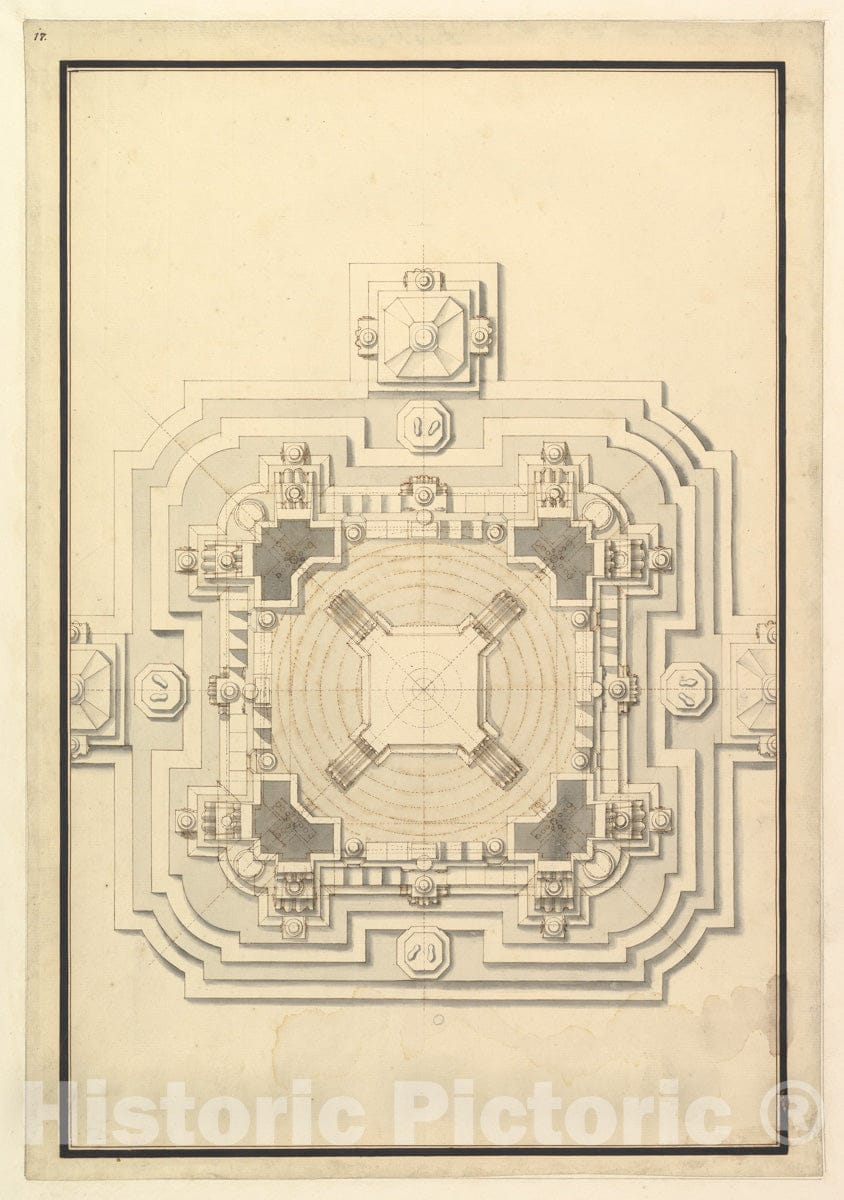 Art Print : Workshop of Giuseppe Galli Bibiena - Ground Plan for a Catafalque for Leopold, Duke of Lorraine (d. 1729) : Vintage Wall Art