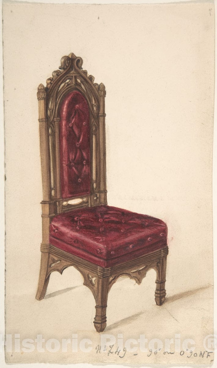 Art Print : British, 19th Century - Gothic Style Chair with Dark Wood Frame and Maroon Upholstery : Vintage Wall Art