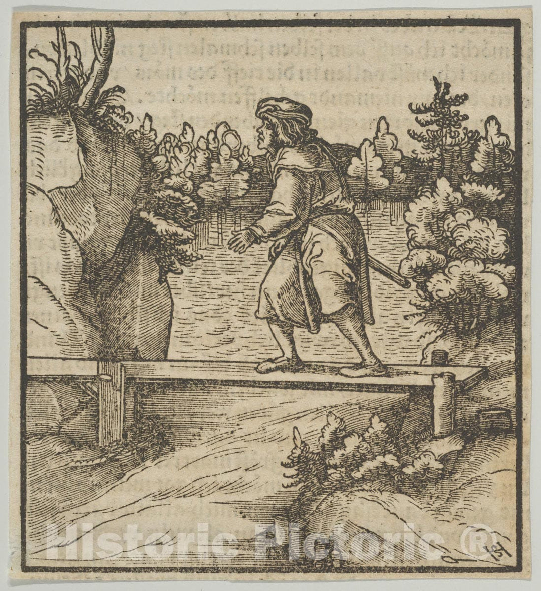 Art Print : Hans Schäufelein - A Man Crossing a Small Bridge, from Hymmelwagen auff dem, wer WOL lebt. : Vintage Wall Art