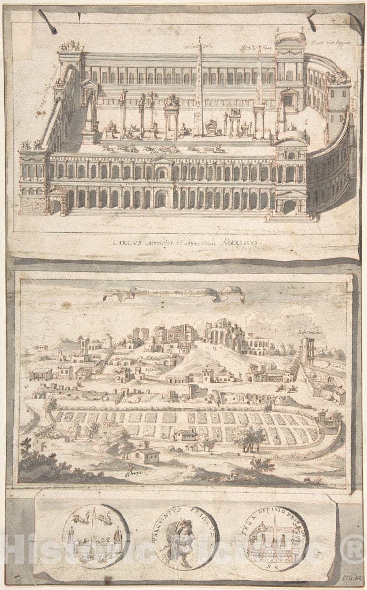 Art Print : Jan Goeree - Reconstruction of The Circus Maximus (Above) and a View of The Site (Below) : Vintage Wall Art