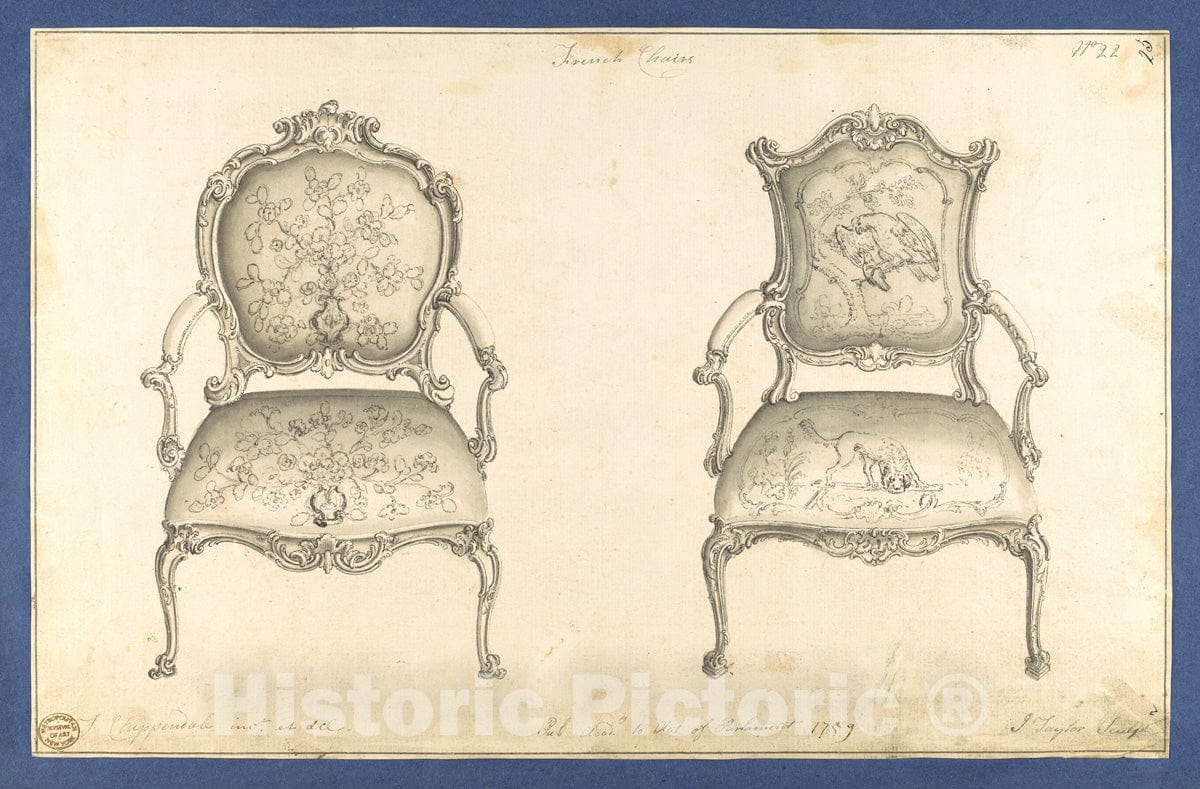 Art Print : Thomas Chippendale - French Chairs, in Chippendale Drawings, Vol. I : Vintage Wall Art