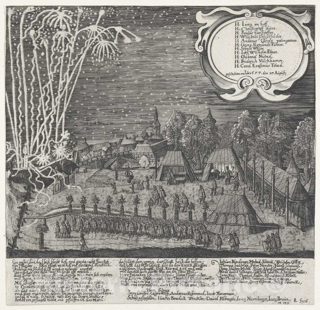 Art Print : Lukas Schnitzer - Fireworks Display Given by The Archery Company of Nuremberg, August 27, 1657 : Vintage Wall Art
