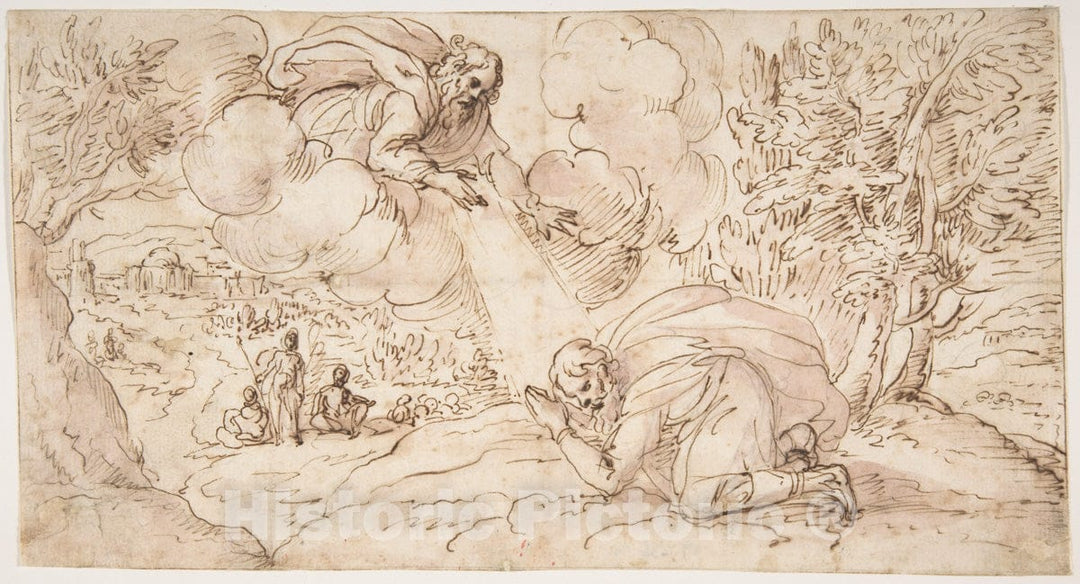 Art Print : Micco Spadaro (Domenico Gargiulo) - God The Father Appearing to a Kneeling Figure : Vintage Wall Art