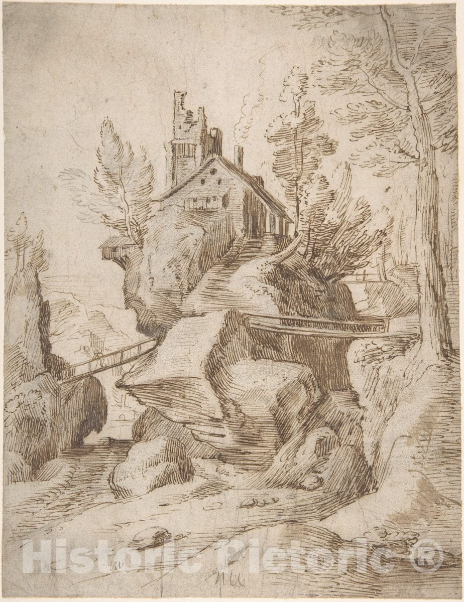 Art Print : Netherlandish, 16th Century - Fantastic Rocky Landscape with a Farmhouse and Three Foot Bridges : Vintage Wall Art