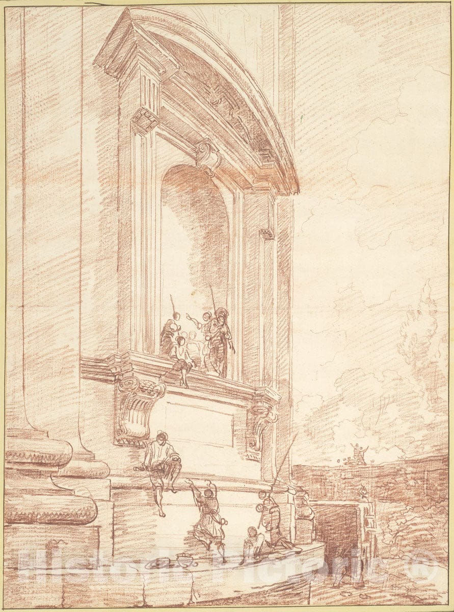 Art Print : Hubert Robert - Figures in One of Michelangelo's Niches on The Apse of St. Peters, Rome : Vintage Wall Art