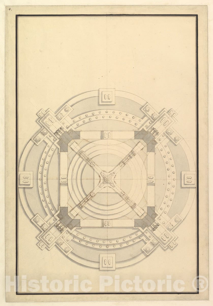Art Print : Workshop of Giuseppe Galli Bibiena - Ground Plan for a Catafalque for an Electress of Bavaria : Vintage Wall Art