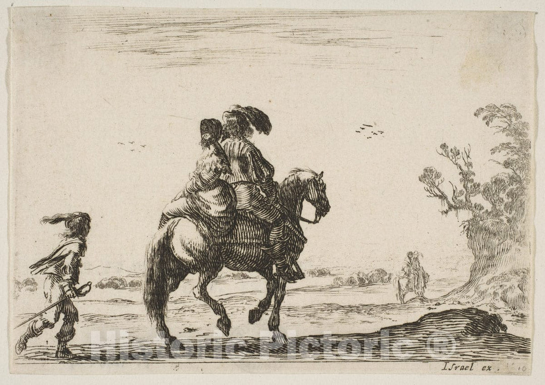 Art Print : Plate 10: a Horseman and a Woman - Artist: Stefano Della Bella - Created: 1642 1 : Vintage Wall Art