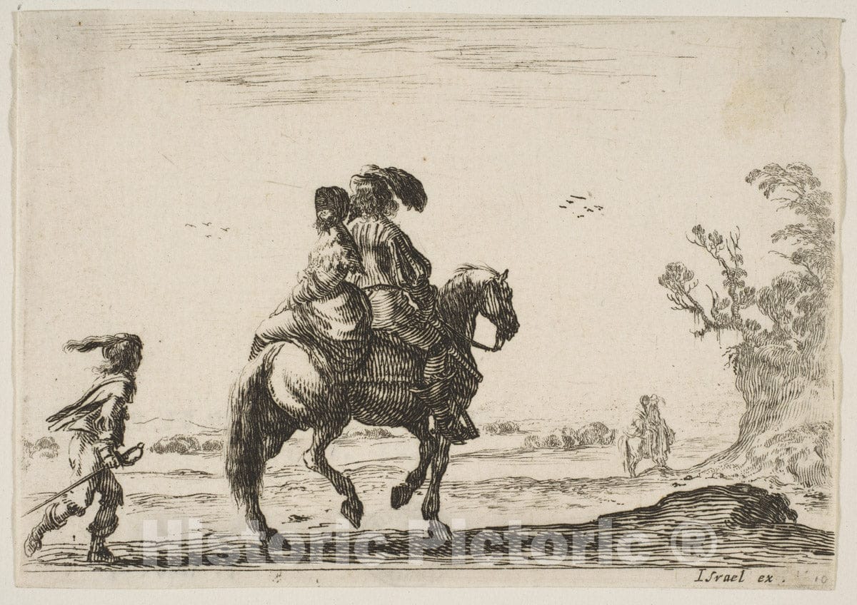 Art Print : Plate 10: a Horseman and a Woman - Artist: Stefano Della Bella - Created: 1642 1 : Vintage Wall Art