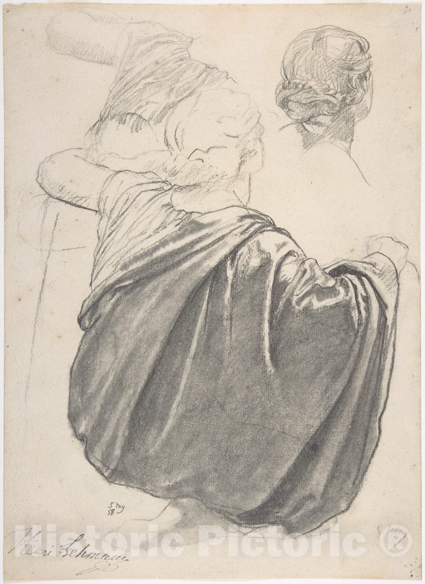 Art Print : Studies of a Draped Female Figure, Kneeling, Seen from the Back, for the East Transept of the Chruch of Sainte-Clothilde, Paris - Artist: Lehmann - 1858 : Vintage Wall Art